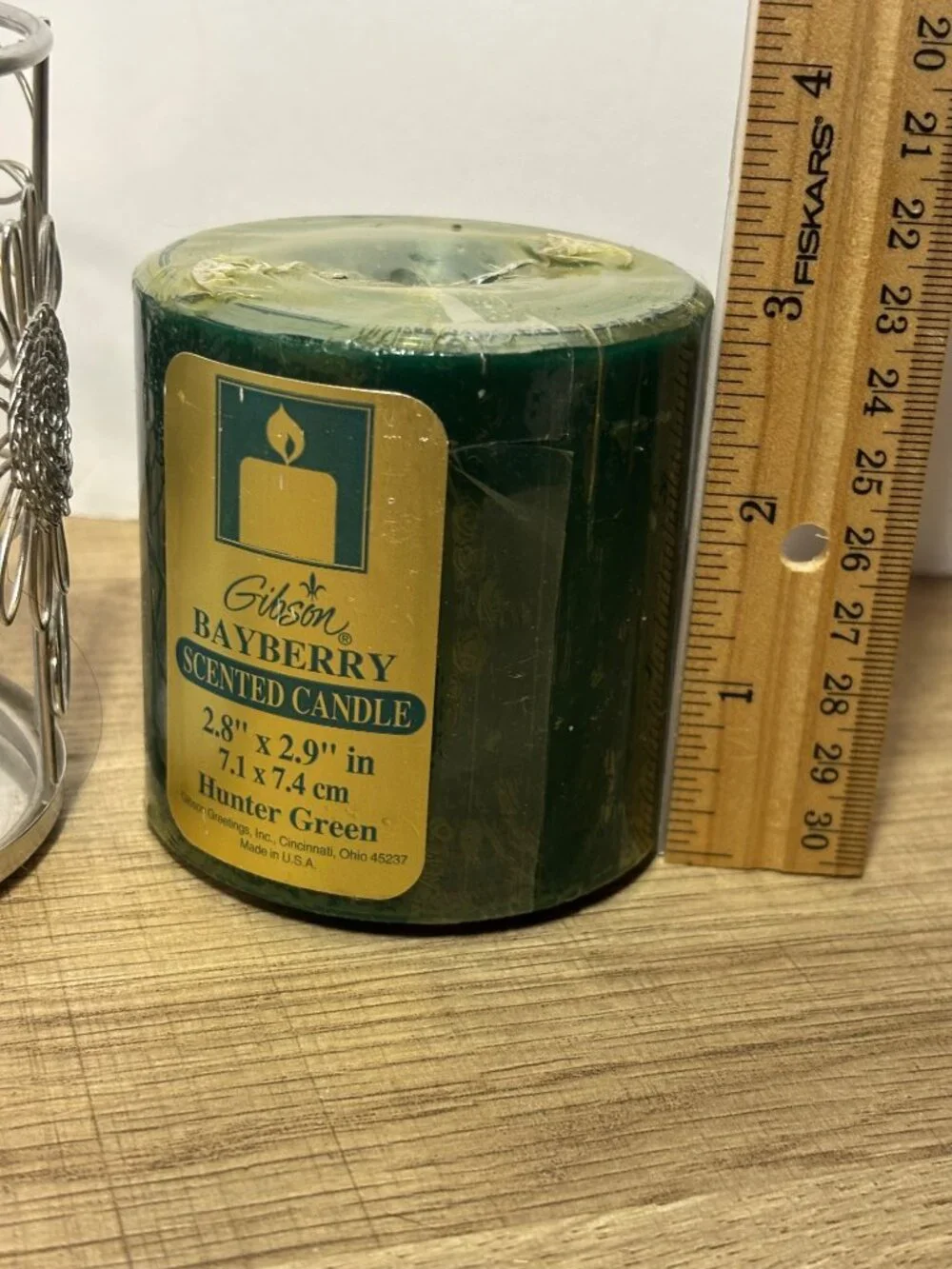 Gibson Bayberry Scented Candle Hunter Green With Silver Floral Candle Holder USA